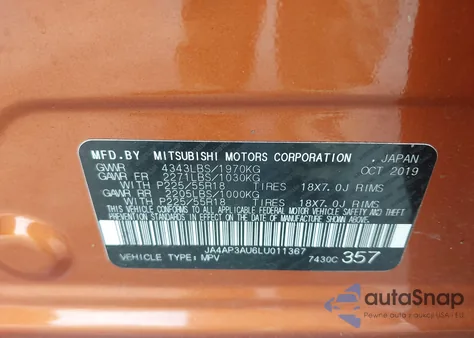 2020 Mitsubishi Outlander Sport 2.0 Be/2.0 Es/2.0 Sp from USA, damaged, VIN JA4AP3AU6LU011367